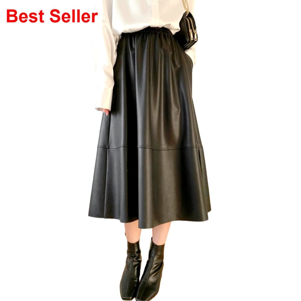 Faux Leather High Waisted Pleated Midi Skirt With Pockets
